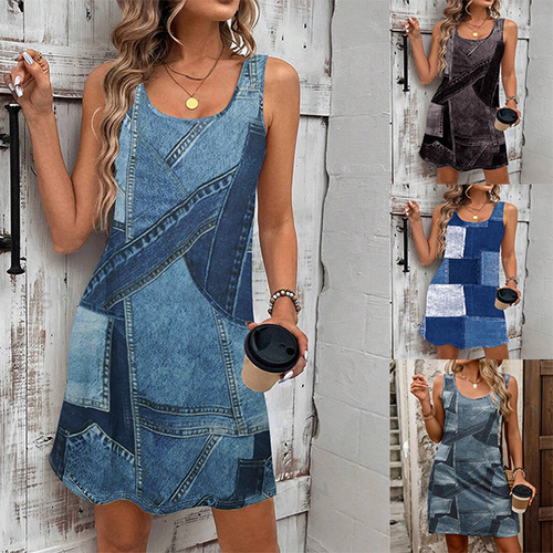 2025 Spring European and American Women's Fashion Amazon Independent Store Trend Denim Print Women's Dress