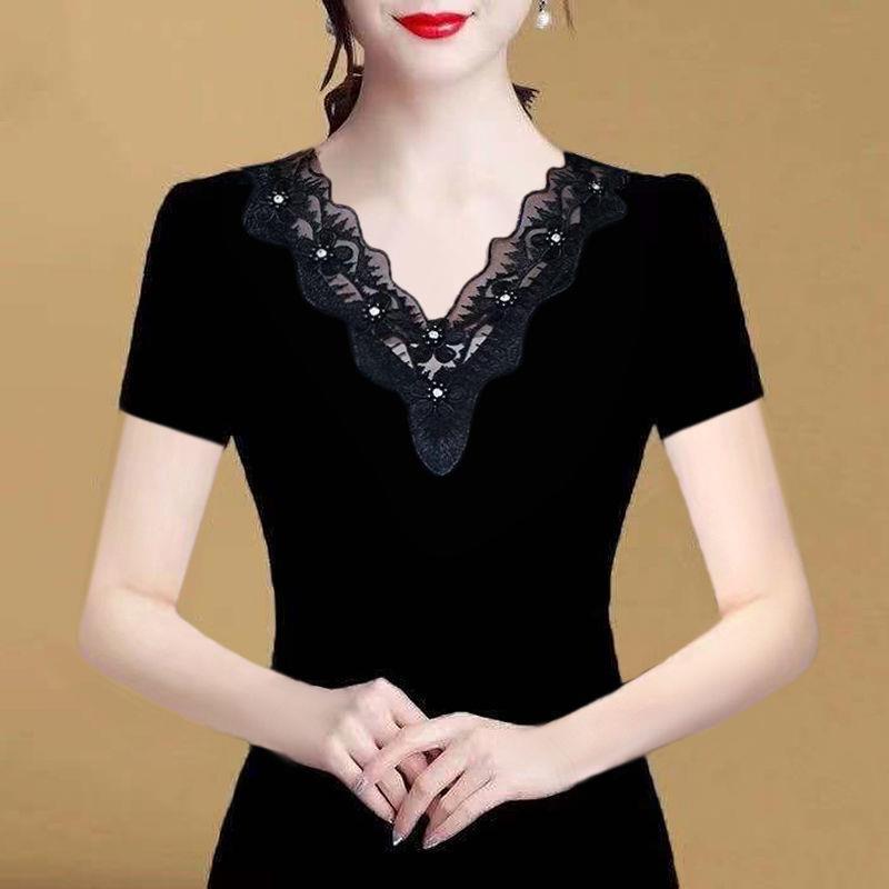 Lace Short-sleeved T-shirt Women's Spring and Summer New 2024 Western Style Top Black Slim-fit Mock High Collar plus size Base Shirt