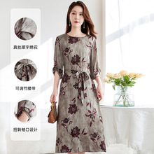 丝绣未央原创国风真丝缎面连衣裙圆领短袖印花桑蚕丝中长裙女9190