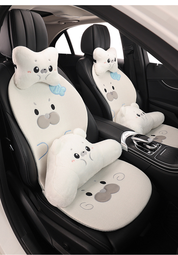 Car Seat Cushion Made of Linen Material with Seal Pattern, Suitable for All Seasons, Available as a Single Piece or a Three-Piece Set, with Optional Car Ventilation Cushion