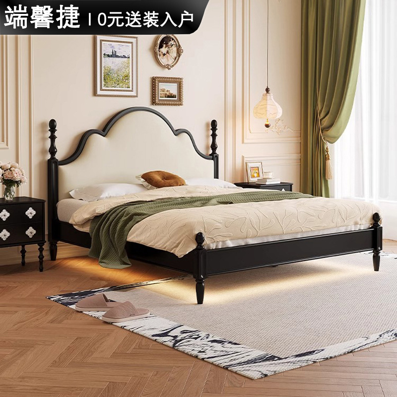 Cama de cuero retro francés, dormitorio principal, cama doble de madera maciza moderna simple y antigua, cama doble de 1,8 m 2025 nueva cama