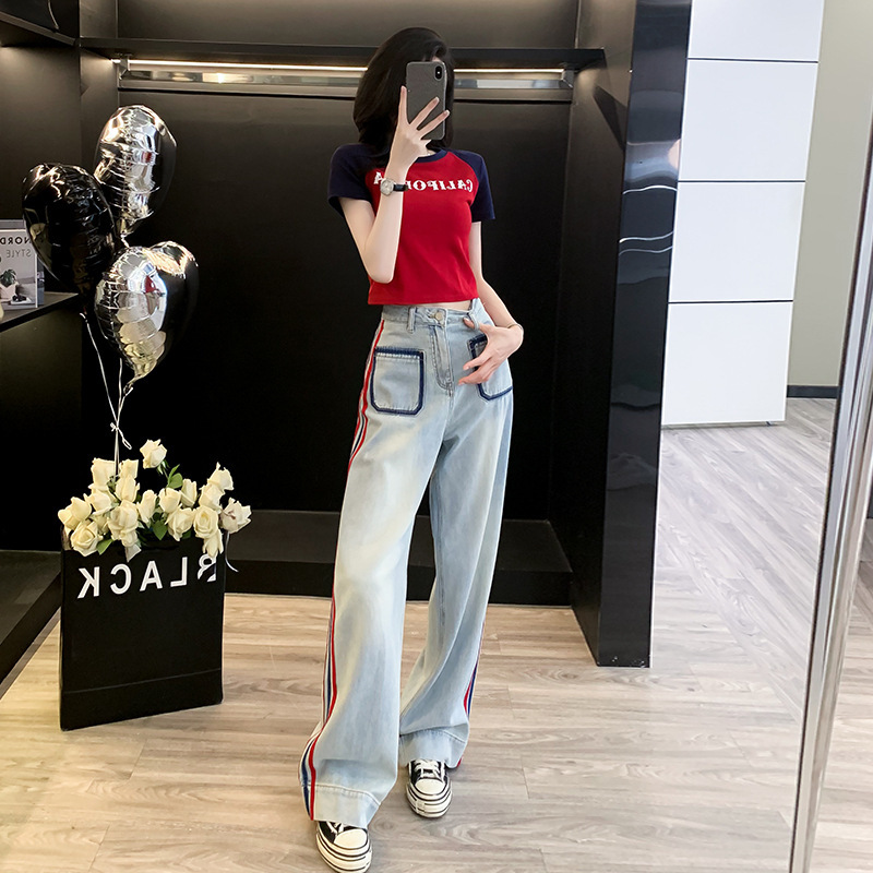 Dopamine 2026 New Trendy Hot-Selling Stylish Slim-Fit Short-Sleeve Crop Top High-Waisted Fashion Striped Jeans