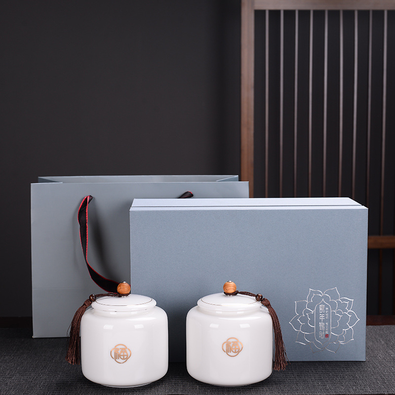 厂家跨境白瓷羊脂玉茶叶罐山水礼盒装陶瓷密封罐喜庆礼品定制LOGO|ru