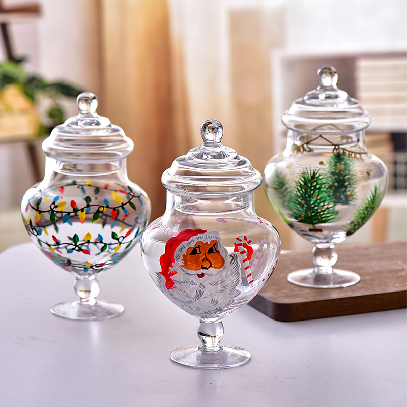 Piés altos transparentes pintados a mano serie de Navidad con tapa frasco de vidrio pintado a mano decoración de Navidad solitaria