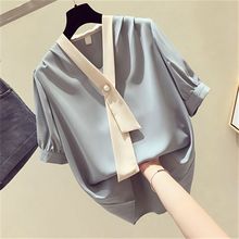 夏季韩版新款短袖v领雪纺衫女大码宽松版显瘦设计感洋气上衣衬衫