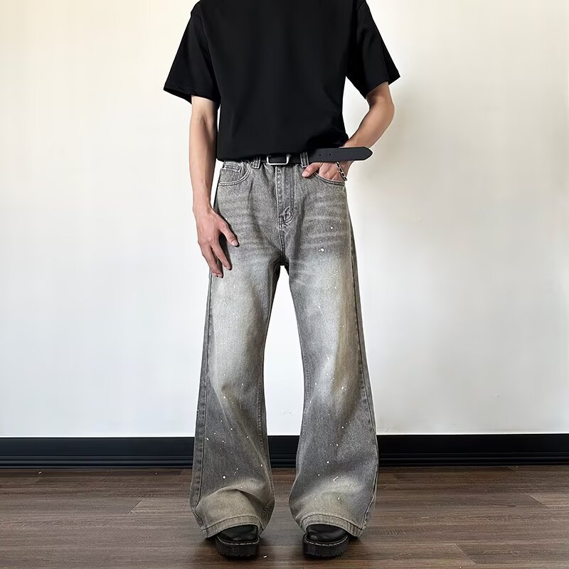 美式复古水洗大口袋弯刀牛仔裤男女直筒阔腿拖地宽松百搭休闲长裤|undefined