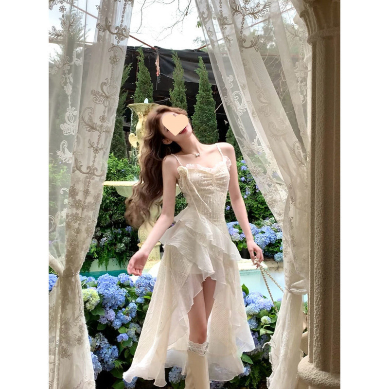 Angel Wings French New Style Ruffle Summer Design Heavy Irregular Beach Vacation Strap Dress Long Dress