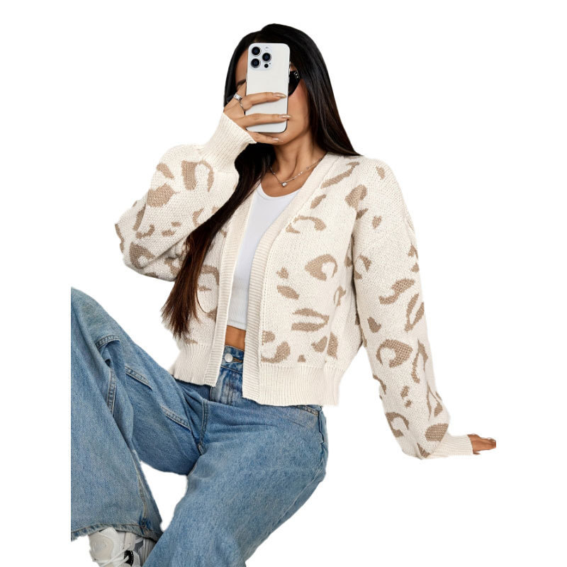 Amazon Foreign Trade Cross-Border Cardigan with Contrasting Leopard Print Jacquard Casual Versatile Short Woolen Cardigan