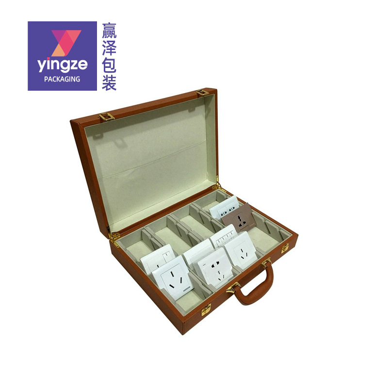 厂家供应皮质86开关展示箱PU铝条木板样板盒灯具轨道电击样板箱