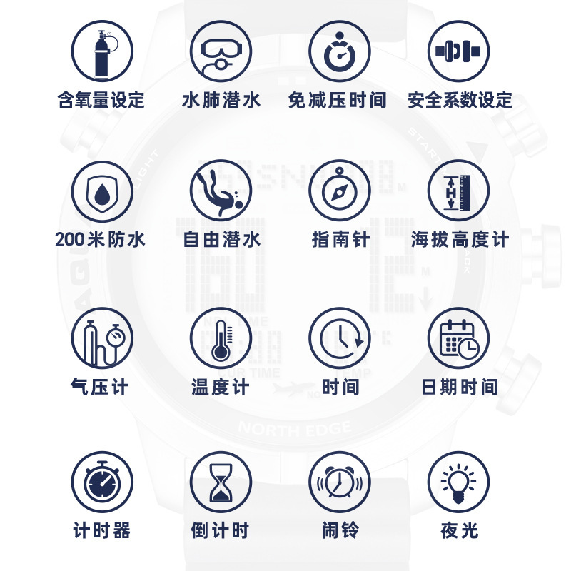 Hombres deportes al aire libre impermeable inteligente buceo ordenador reloj altura presión de aire brújula temperatura reloj electrónico