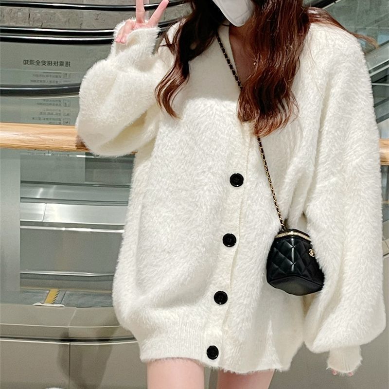 Korean Style Autumn and Winter New Style Lazy Style Imitation Mink Loose Sweater Women's Casual Large Size Knitted Cardigan Top Jacket for Women