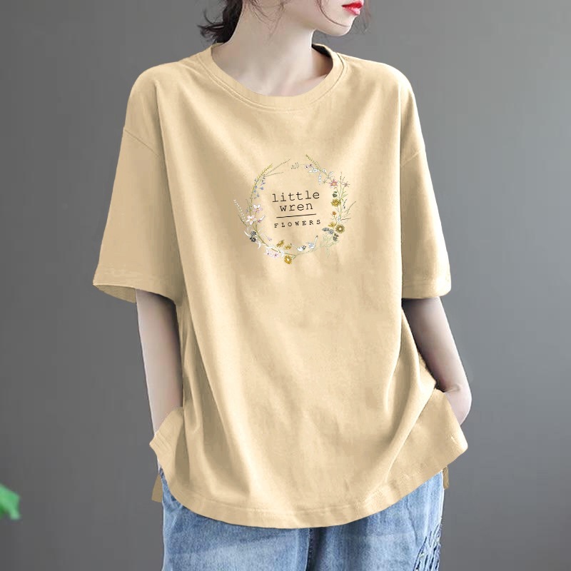 ママの大きいサイズの女性の服 2025 夏ルーズカジュアル快適なアウターファッション西洋スタイル文学 T シャツ|undefined