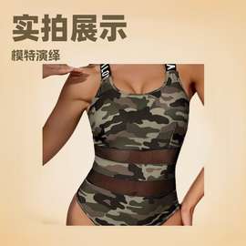 2025松紧吊带三角裤跨栏背心迷彩印花网纱亚马逊连体泳衣性感印花