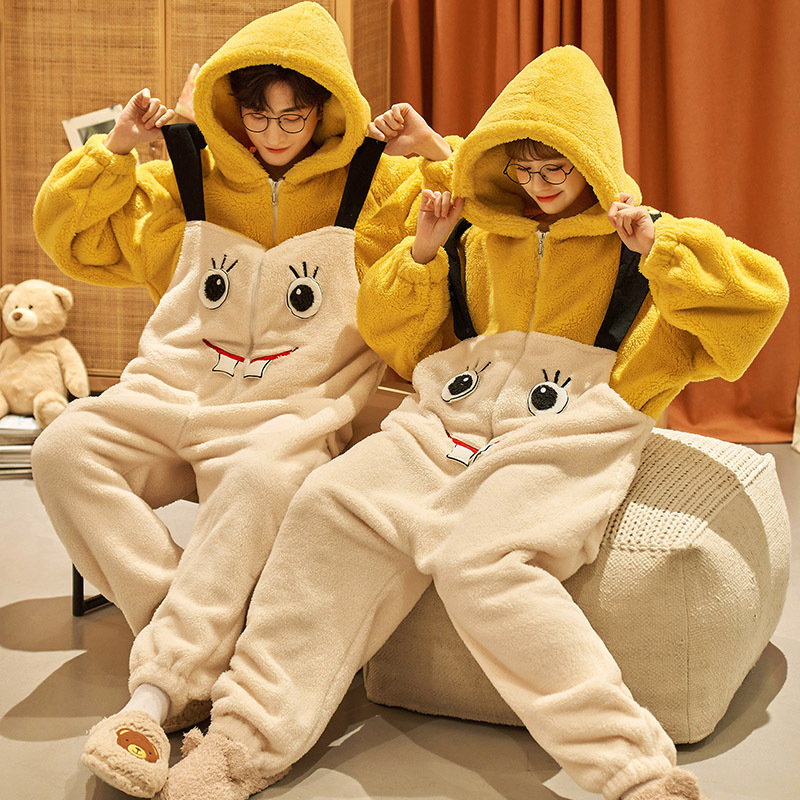 Invierno pareja pijamas de dibujos animados de las mujeres con capucha más el tamaño cálido estudiante ins estilo de una sola pieza desgaste del hogar 200kg usable