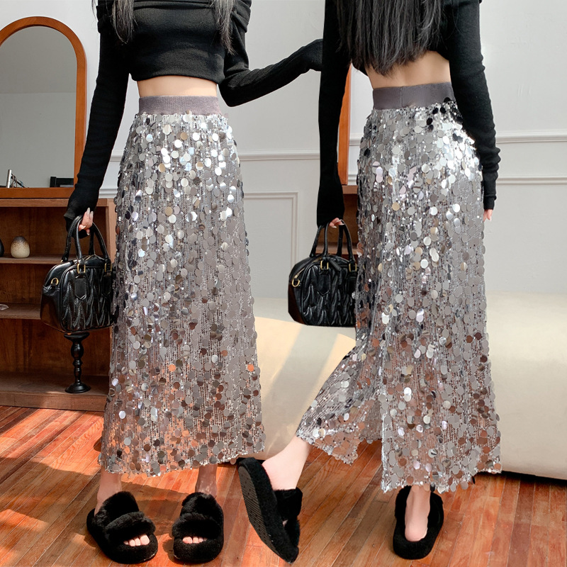 实拍 针织半身裙女秋冬亮片包臀裙高腰显瘦高档气质大摆中长款裙