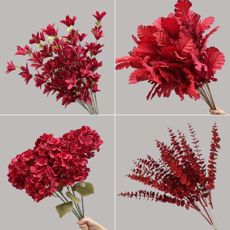 Wedding Floral Red Flower Background Decoration Flower Arrangement Rose Eucalyptus Artificial Flower Indoor Living Room Decoration