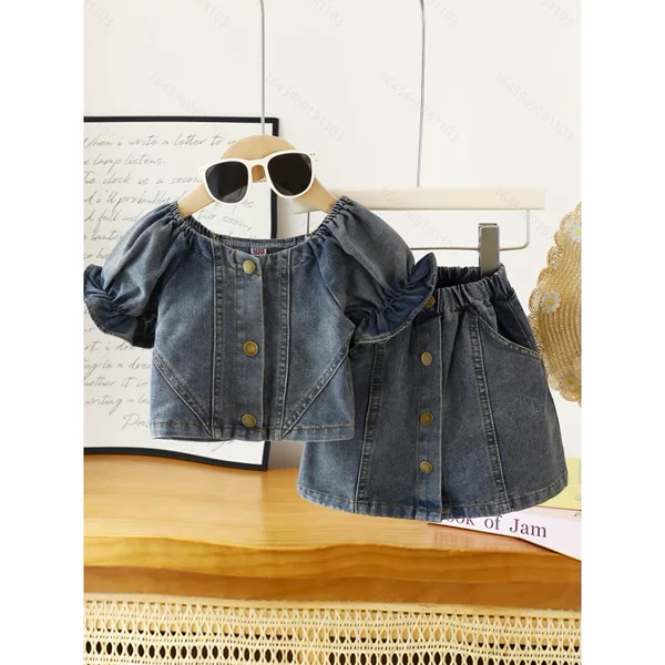 Girls' denim outfit, stylish new bubble sleeve denim short top and denim short skirt two-piece set