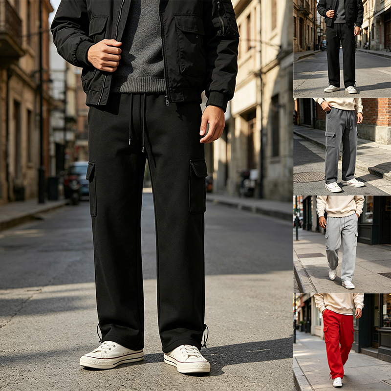 Wholesale of cross-border European and American men's winter fleece-lined work pants with adjustable drawstring waist and adjustable hem, straight-leg jogger style, two-way wear long pants