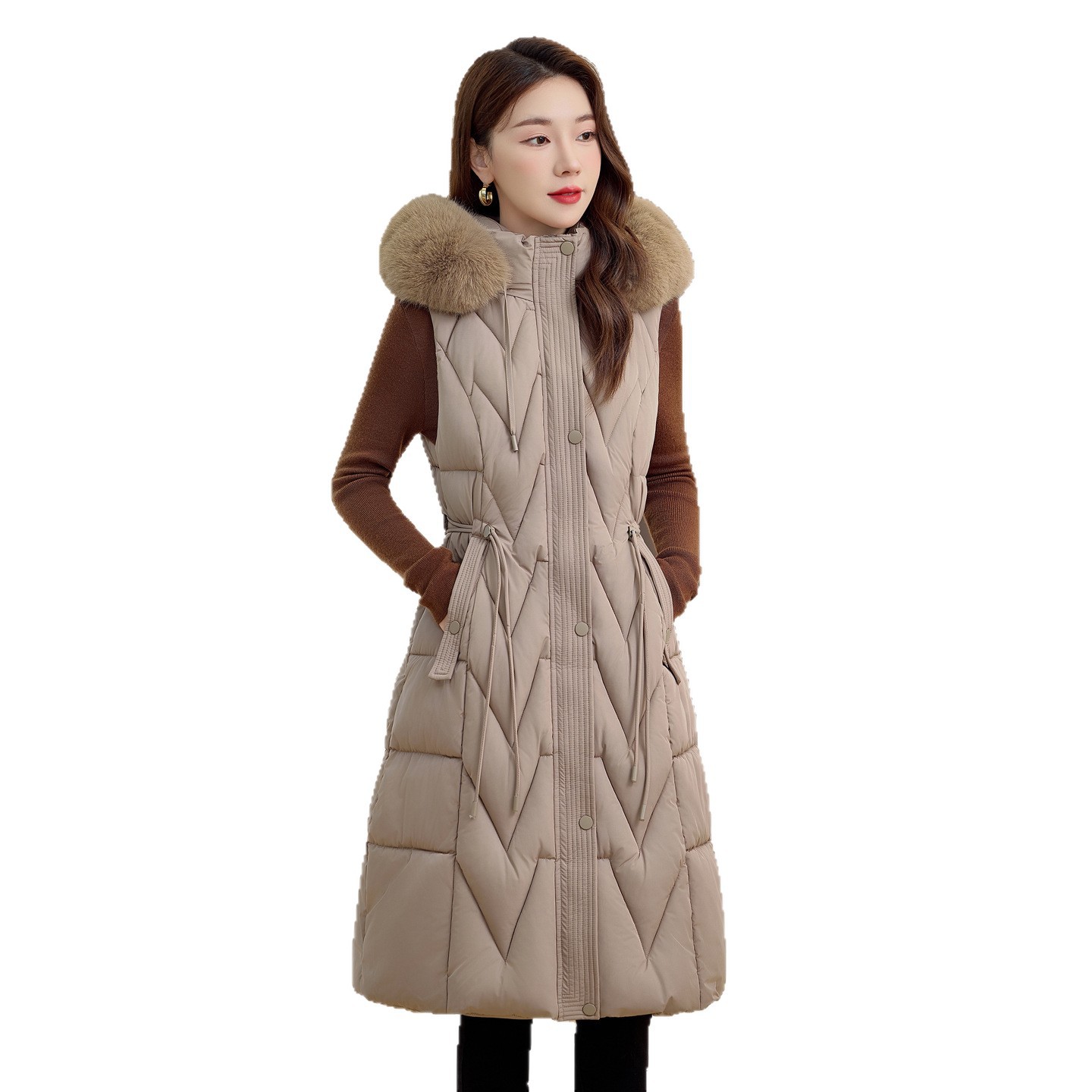 2025 invierno nuevo chaleco de algodón de pluma de cuello grande largo sobre la rodilla cintura para mostrar la figura de la madre chaqueta hombro