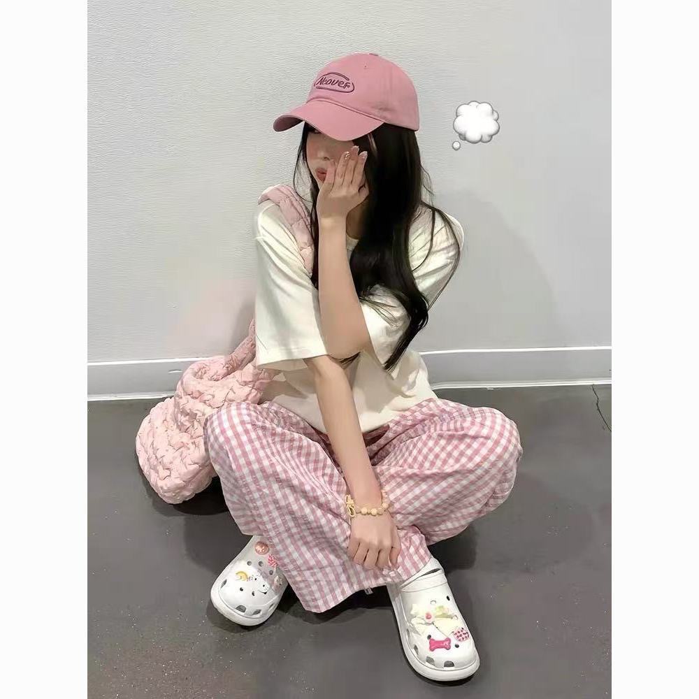 Hermosos pantalones a cuadros rosados de verano de color contraste de dopamina de cintura alta sensación de piernas anchas pantalones casuales delgados pantalones de mujer