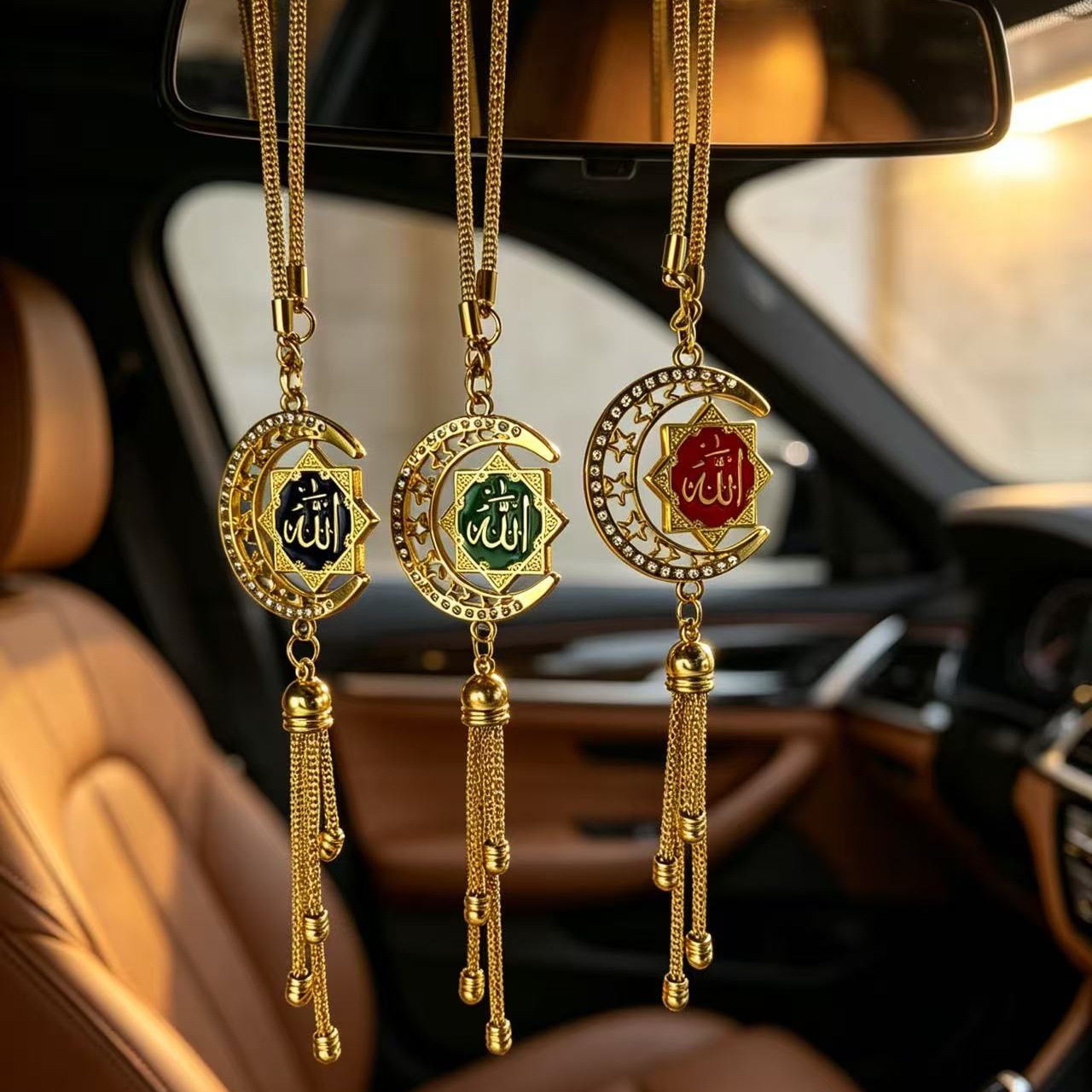 Golden Star and Moon Enamel Car Pendant, 3D Scripture Car Hanging Ornament, Diamond-Encrusted Rearview Mirror Tassel Decoration, Cross-Border Wholesale