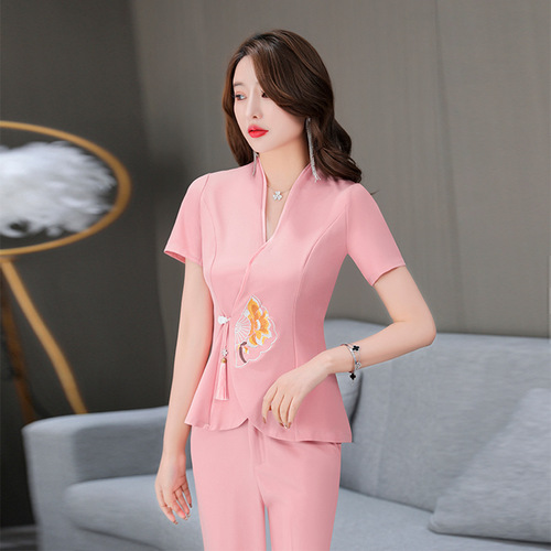 Early Spring Korean Cotton Moisture-Wicking Breathable Elegant Slimming Summer Multiple Colors Short-Sleeve Hotel Wear Foot Bath Workwear for Women