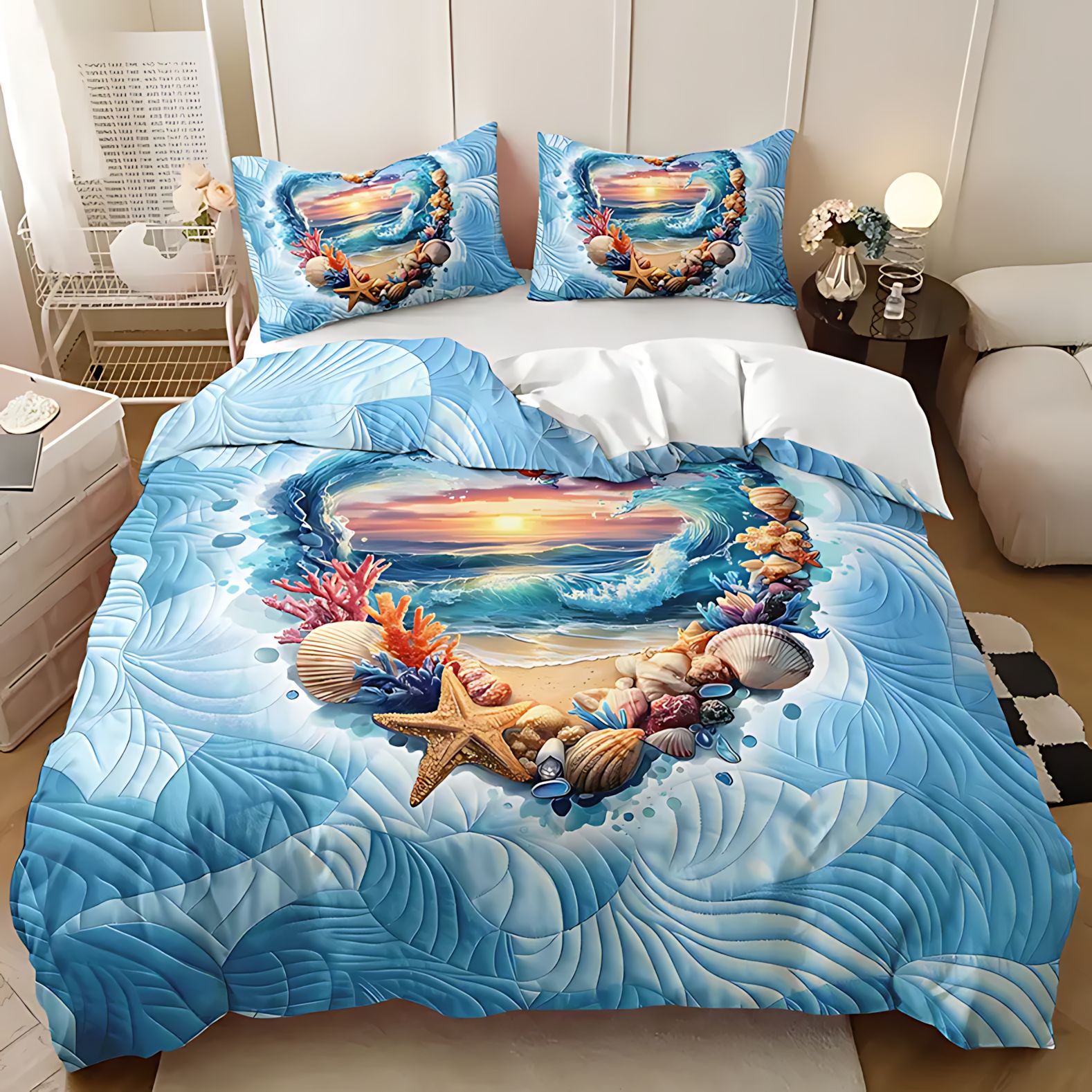 TEMU / JIT Cross-Border Abrasivo Kit de colchón amor playa impresión digital HD ropa de cama para diseñar