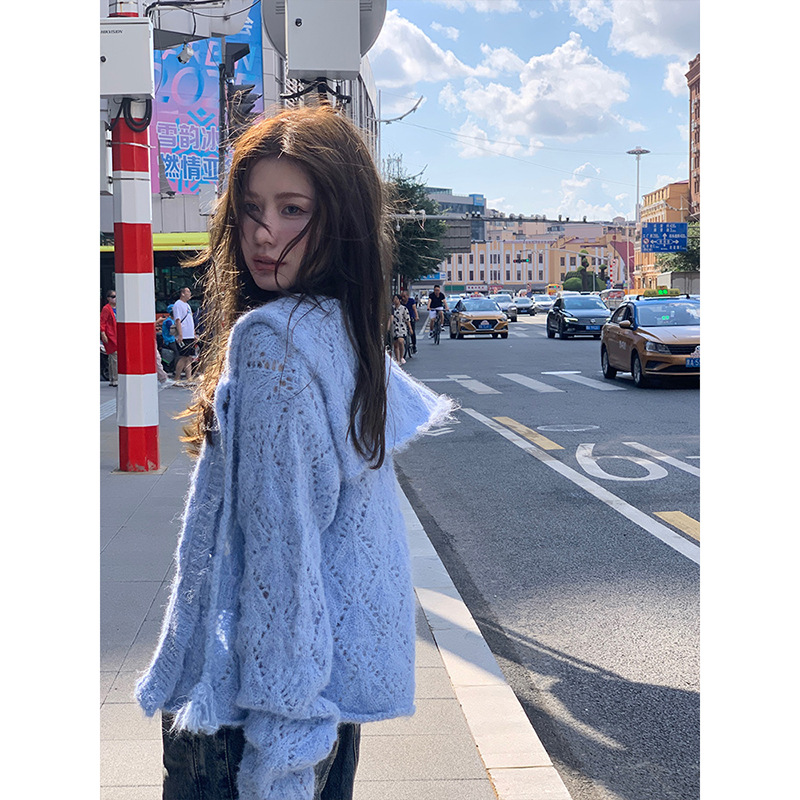 cool cookie只只 蓝色2024秋冬新款慵懒风毛衣外套女韩系针织开衫
