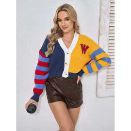 亚马逊跨境外贸欧美女秋冬新款拼色条纹开衫V领宽松长袖针织毛衣