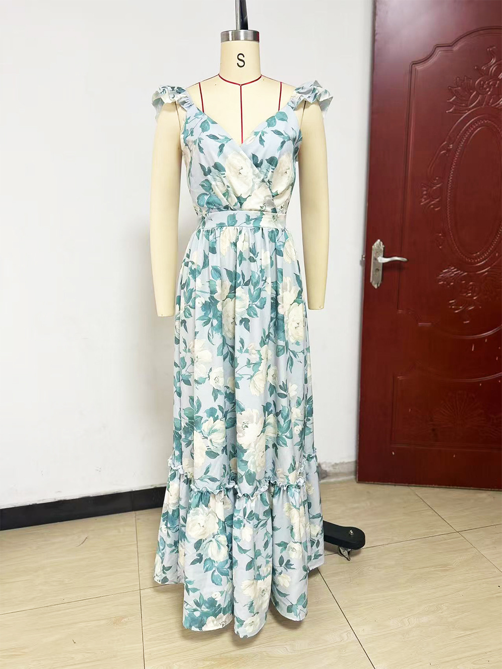 Women's Sexy Printed Deep V Ruffle Backless Top European American Style Summer Fashion Suspender Design_ecoleips.com