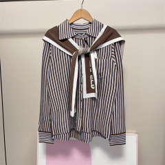 9967美系K尔~女士秋季新品学院风复古海军领飘带条纹针织开衫
