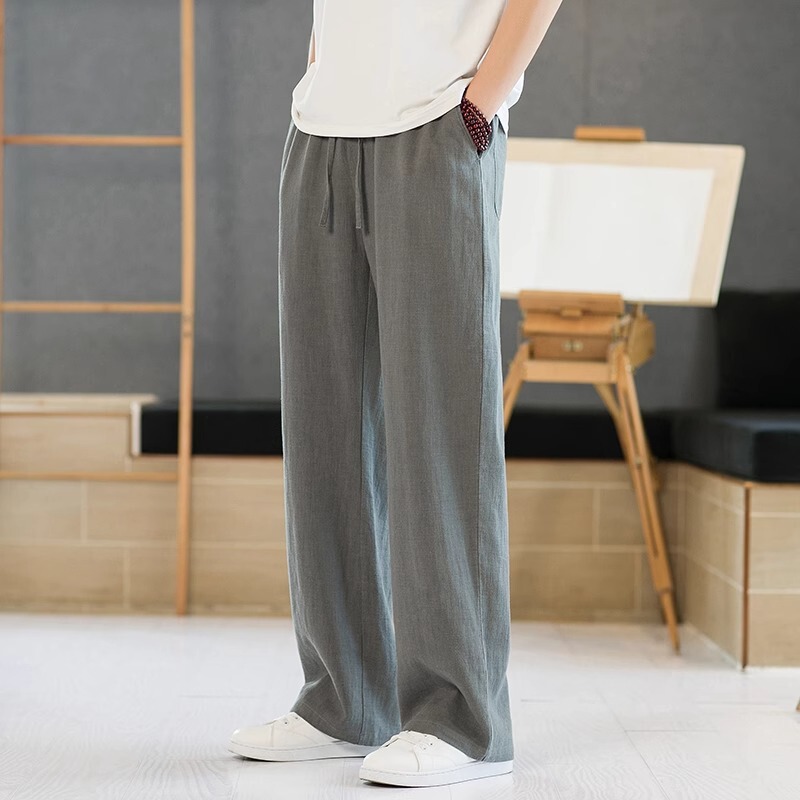 Ramie Pants Men's Summer Straight Loose Wide-Leg Men's Casual Pants Summer Pants Chinese Style Men's Cotton and Linen Pants