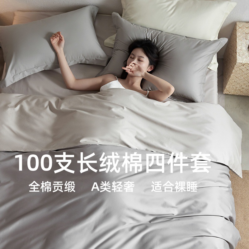 Light Luxury 100-Count Long-Staple Cotton Four-Piece Set, Class a Cotton Bed Bed Sheetss and Quilt Covers, Simple Style Pure Cotton Three-Piece Bedding Set