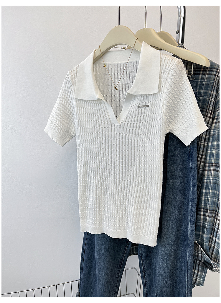 Elegante t-shirt da donna in maglia a trecce con collo a revers_voghion.com