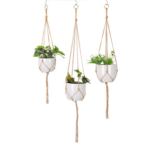 Gardening and Greening Woven Hanging Rack Flower Pot Mesh Bag Hemp Rope Simple Indoor and Outdoor Hanging Basket Decoration 3-Piece Set