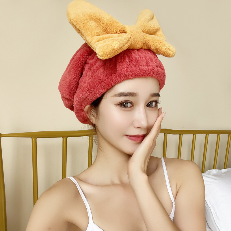 Factory direct selling hair drying cap thickened polyester coral velvet absorbent bow internet celebrity hair drying towel quick drying cap princess hat