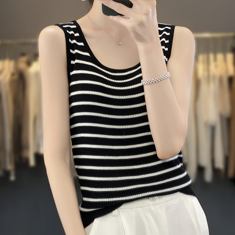 Tencel Outerwear Striped U-Neck Camisole Knit Top for Women, Summer Slim Short Anti-Exposure Base Shirt Versatile Top