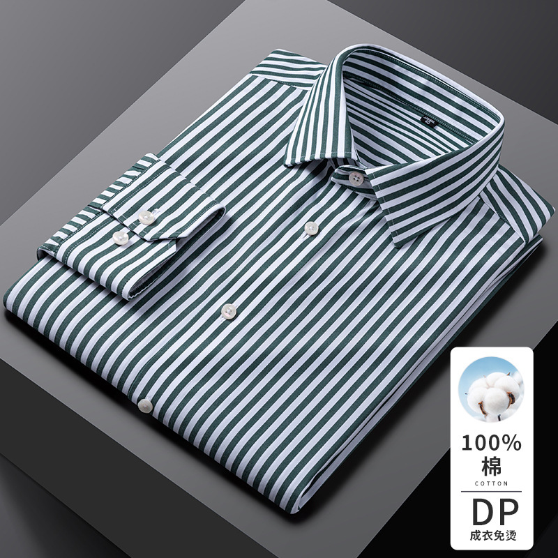 Golden Shield Men's Shirt Dp Ready-To-Wear No-Iron Pure Cotton Stripesd High-End Spring & Fall Business Casual Men's Shirt Long Sleeves