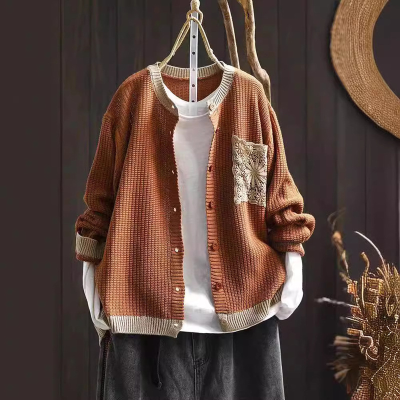 2026 Spring and Autumn New Style Retro Art Lace Pocket Loose Casual Cotton Knit Cardigan Women's Sweater Coat