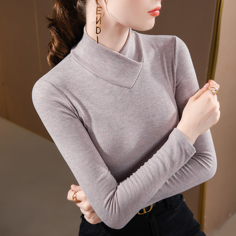 Camisa de fondo de terciopelo de seda de cuello medio alto para mujer 2024 otoño e invierno nuevo estilo de manga larga caliente y camisa ajustada