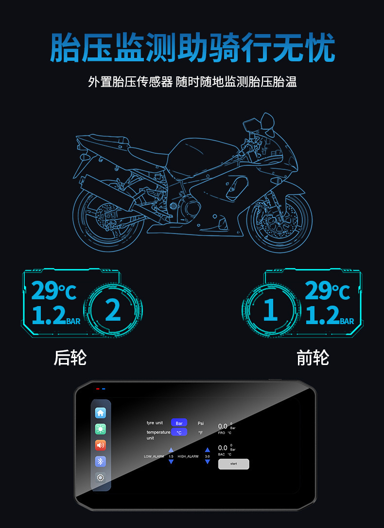 carplay motorcycle driving recorder screen navigation interconnected waterproof anti-shake tire pressure HD GPS navigation