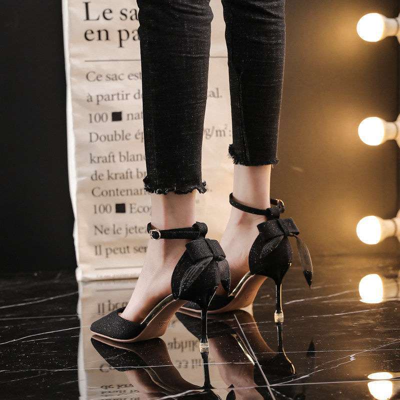 Pointed Toe Buckle Strap Hollow High Heels for Women 2025 with Bow Sequin Cloth Fairy Style Stiletto Shoes