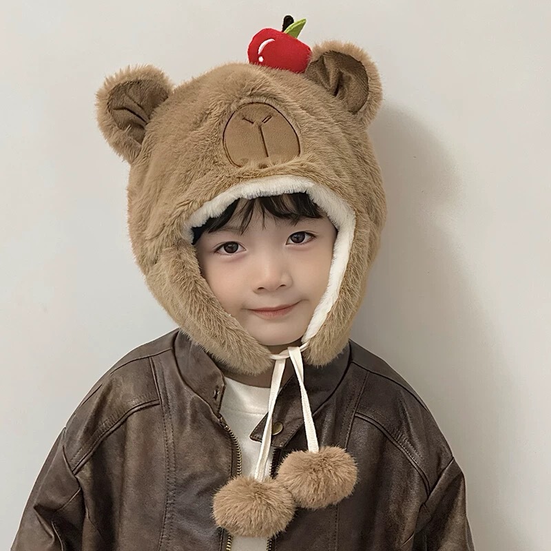 儿童帽子冬季可爱呆萌卡皮巴拉毛绒护耳帽加厚防寒男童女孩套头帽|undefined