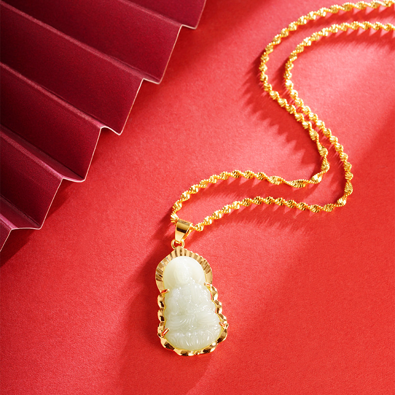 La Arena de oro vintage aceite verde hielo verde Guanyin colgante no se desvanece durante mucho tiempo con incrustaciones de oro de jade Guanyin Buda colgante transfronterizo venta al por mayor