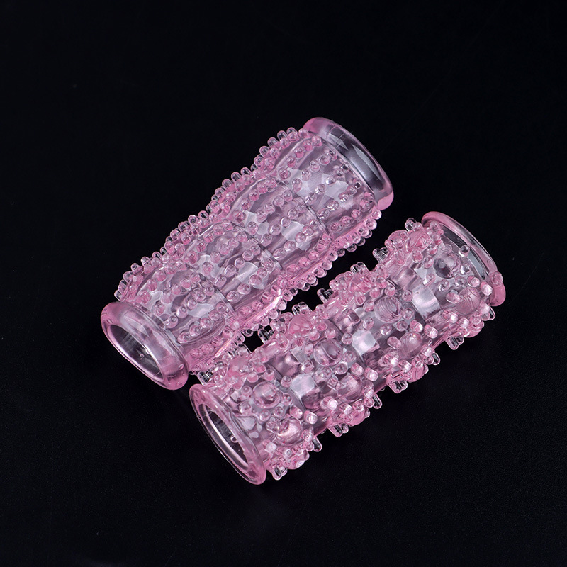 Double-Pack Locking Ring Penis Sleeve, Textured Soft Gel, Transparent Black — detail image 3