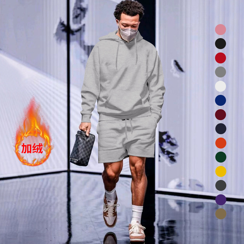 Comercio exterior transfronterizo 2023 Amazon Hombres otoño nuevos hombres forrados de lana suéter con capucha pantalones cortos traje casual