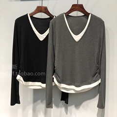 V领正肩假两件长袖T恤女春秋装韩版百搭宽松显瘦打底衫上衣服内搭