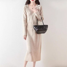 纯羊毛收腰小翻领裹胸针织连衣裙女套头内搭保暖长袖休闲过膝长裙