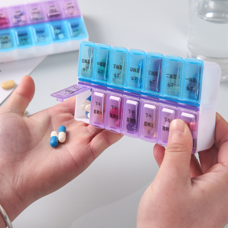Caja portátil de doble capa de 14 celdas, paquete de paquete a prueba de polvo una semana, paquete de paquete de 14 celdas, caja de almacenamiento de tabletas de medicamentos