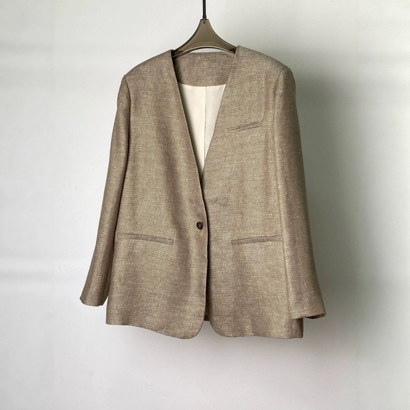 Pre-sale 2026 Spring New Fashion Simple V-neck Single-Button Gold Thread Linen Casual Blazer for Women Pre-sale 2026 Spring New Fashion Simple V-neck Single-Button Gold Thread Linen Casual Blazer for Women